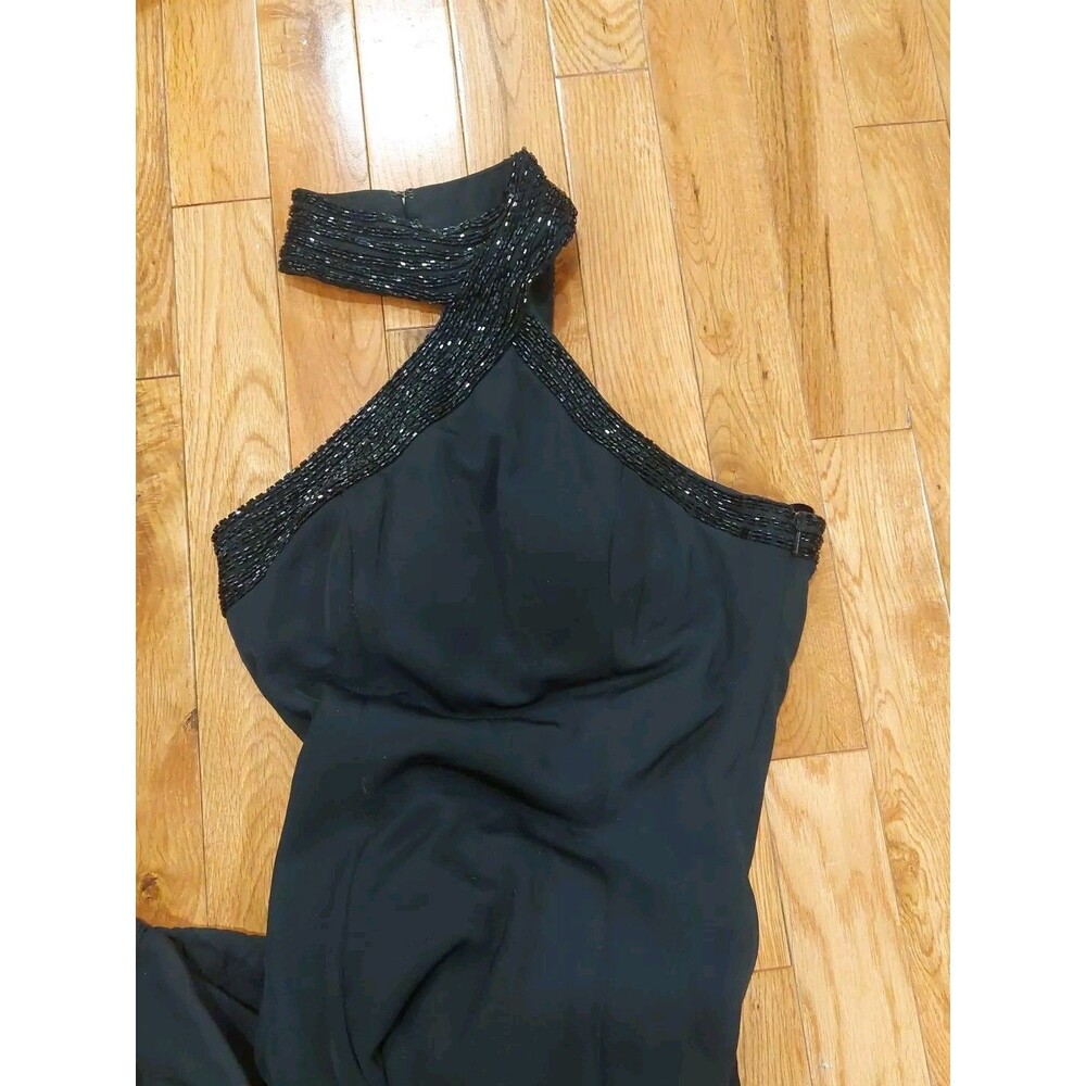 VTG CACHE Black Beaded Assimetrical Haltered Full Length  Party Dress Gown Sz 2